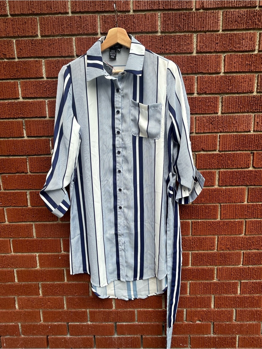 Papillon Blue White Striped Longline Button-Up Shirt Tunic S